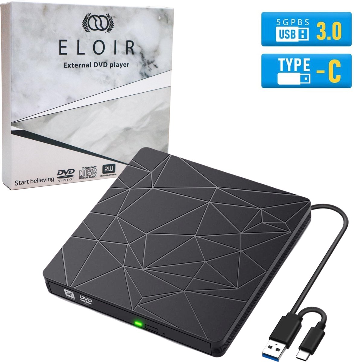 Eloir® Externe CD/DVD Speler en Brander Voor Laptop/PC - Nieuw Model 2020- Plug & Play - USB 3.0 - Type-C - Draagbare Optische Drive - CD/DVD Lezer - Schrijven - Laptop - Desktop - MacBook - Mac - Windows 7 - 8.1/10 - Linux - OS - Apple